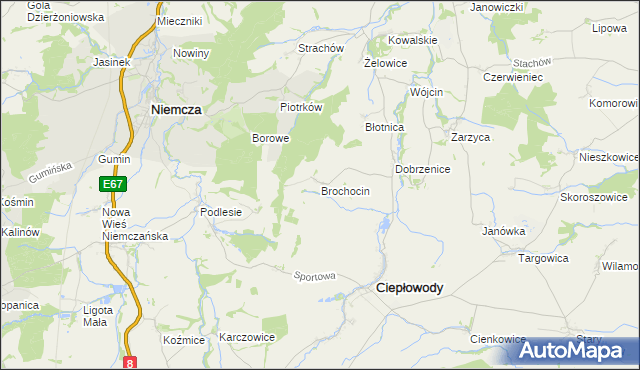 mapa Brochocin gmina Ciepłowody, Brochocin gmina Ciepłowody na mapie Targeo