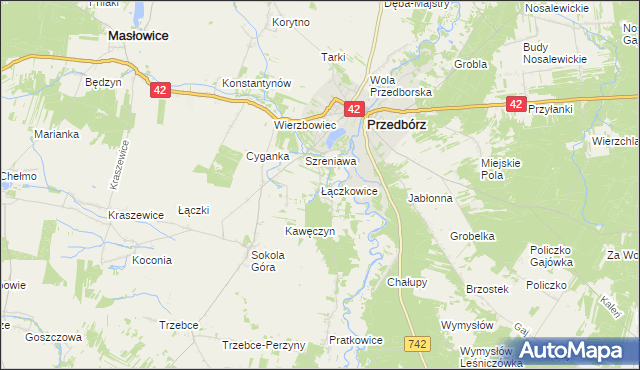 mapa Łączkowice gmina Masłowice, Łączkowice gmina Masłowice na mapie Targeo