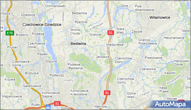 mapa Janowice gmina Bestwina, Janowice gmina Bestwina na mapie Targeo