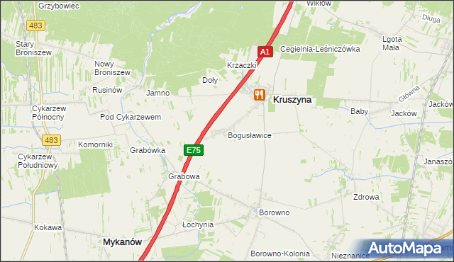 mapa Bogusławice gmina Kruszyna, Bogusławice gmina Kruszyna na mapie Targeo