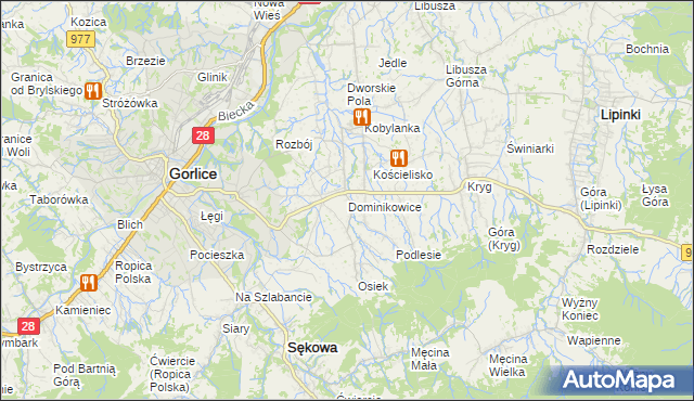mapa Dominikowice gmina Gorlice, Dominikowice gmina Gorlice na mapie Targeo