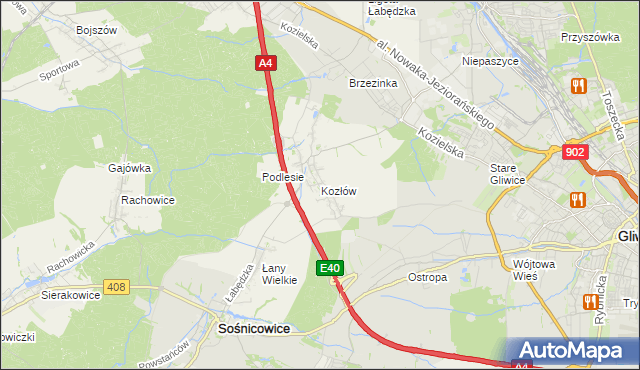 mapa Kozłów gmina Sośnicowice, Kozłów gmina Sośnicowice na mapie Targeo