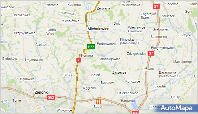 mapa Młodziejowice gmina Michałowice, Młodziejowice gmina Michałowice na mapie Targeo