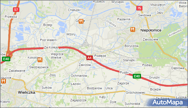 mapa Podłęże gmina Niepołomice, Podłęże gmina Niepołomice na mapie Targeo