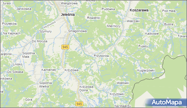 mapa Przyborów gmina Jeleśnia, Przyborów gmina Jeleśnia na mapie Targeo