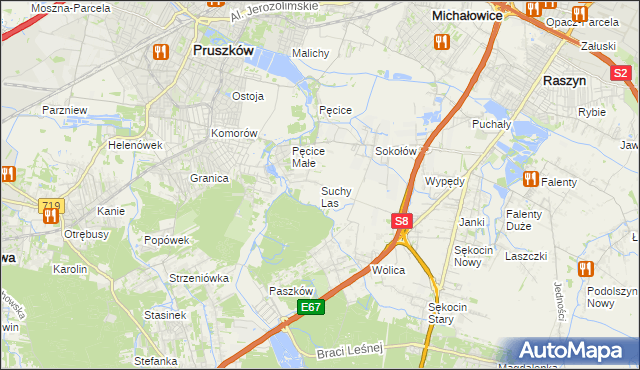 mapa Suchy Las gmina Michałowice, Suchy Las gmina Michałowice na mapie Targeo