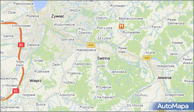 mapa Świnna powiat żywiecki, Świnna powiat żywiecki na mapie Targeo