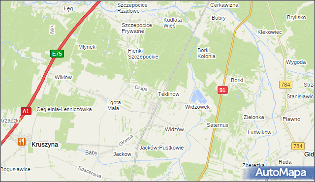 mapa Teklinów gmina Kruszyna, Teklinów gmina Kruszyna na mapie Targeo