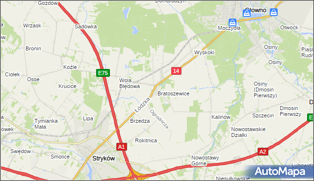 mapa Bratoszewice, Bratoszewice na mapie Targeo