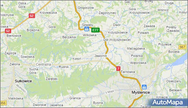 mapa Jawornik gmina Myślenice, Jawornik gmina Myślenice na mapie Targeo