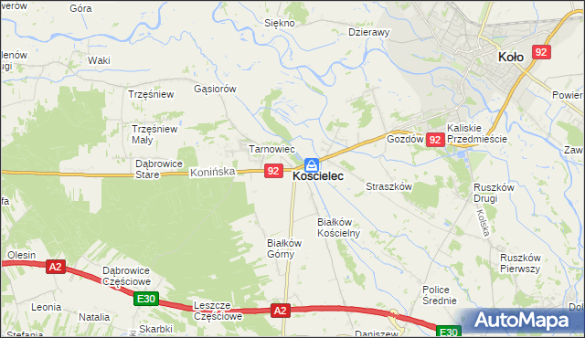 mapa Kościelec powiat kolski, Kościelec powiat kolski na mapie Targeo