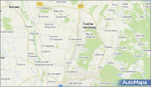 mapa Malinie gmina Tuszów Narodowy, Malinie gmina Tuszów Narodowy na mapie Targeo