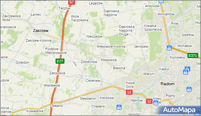 mapa Milejowice gmina Zakrzew, Milejowice gmina Zakrzew na mapie Targeo