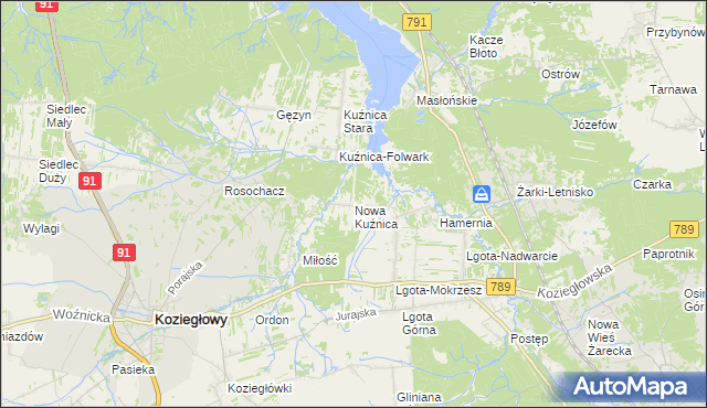 mapa Nowa Kuźnica gmina Koziegłowy, Nowa Kuźnica gmina Koziegłowy na mapie Targeo