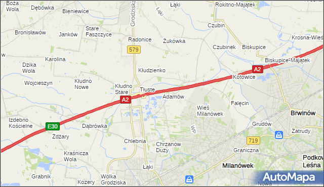 mapa Adamów gmina Grodzisk Mazowiecki, Adamów gmina Grodzisk Mazowiecki na mapie Targeo