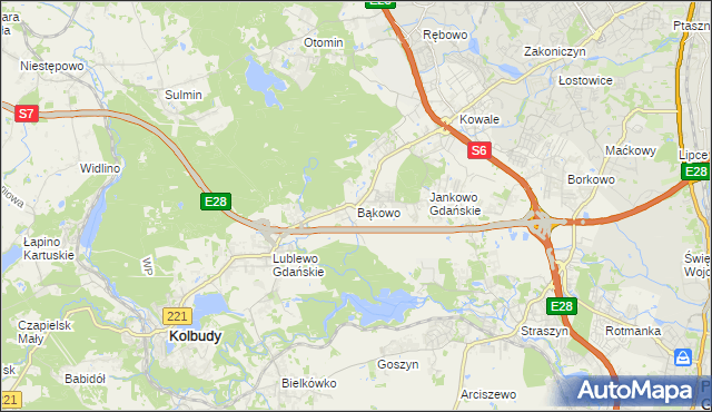 mapa Bąkowo gmina Kolbudy, Bąkowo gmina Kolbudy na mapie Targeo