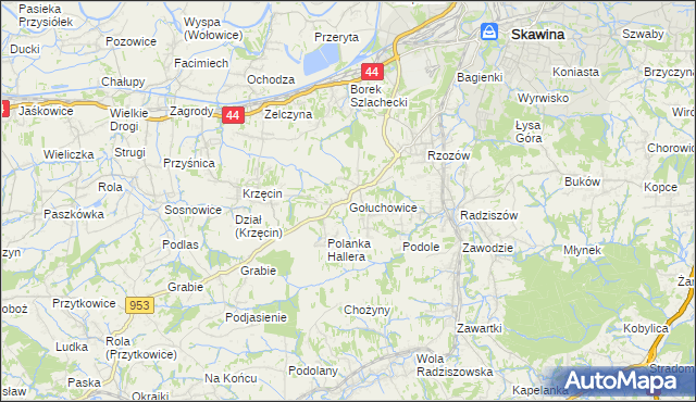 mapa Gołuchowice gmina Skawina, Gołuchowice gmina Skawina na mapie Targeo