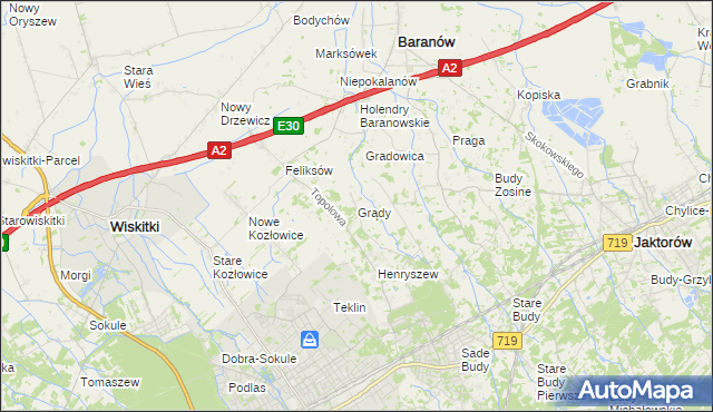 mapa Grądy gmina Jaktorów, Grądy gmina Jaktorów na mapie Targeo