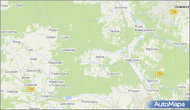 mapa Jeżów gmina Końskie, Jeżów gmina Końskie na mapie Targeo