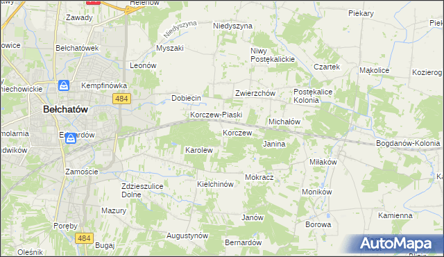 mapa Korczew gmina Bełchatów, Korczew gmina Bełchatów na mapie Targeo