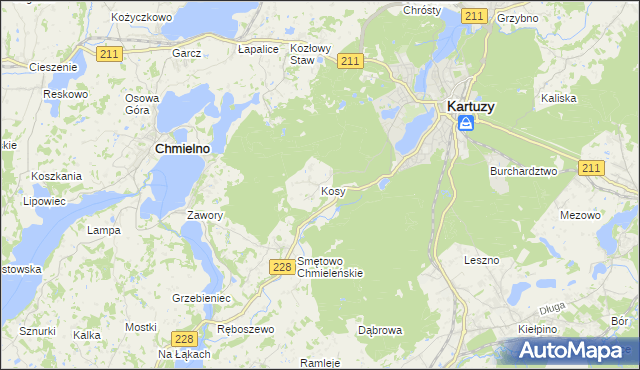 mapa Kosy gmina Kartuzy, Kosy gmina Kartuzy na mapie Targeo