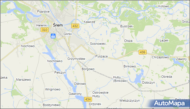 mapa Pysząca gmina Śrem, Pysząca gmina Śrem na mapie Targeo