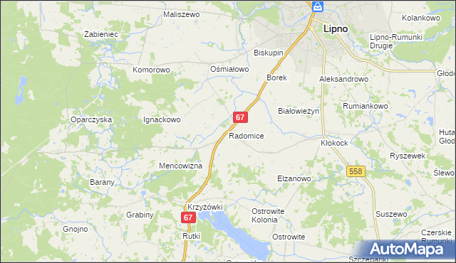 mapa Radomice gmina Lipno, Radomice gmina Lipno na mapie Targeo