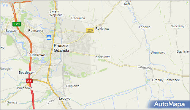 mapa Roszkowo gmina Pruszcz Gdański, Roszkowo gmina Pruszcz Gdański na mapie Targeo