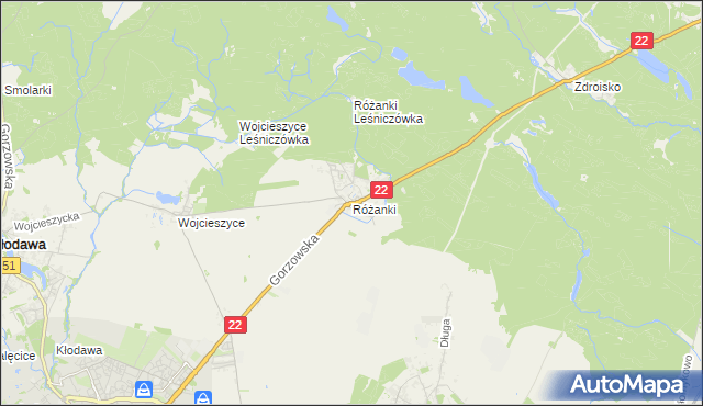 mapa Różanki gmina Kłodawa, Różanki gmina Kłodawa na mapie Targeo
