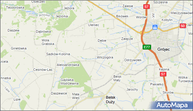 mapa Wilczogóra gmina Belsk Duży, Wilczogóra gmina Belsk Duży na mapie Targeo