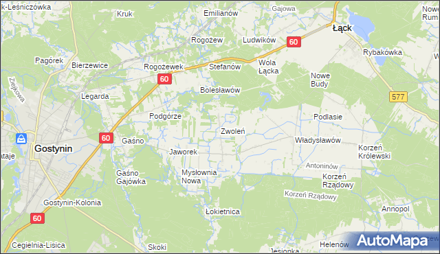 mapa Zwoleń gmina Gostynin, Zwoleń gmina Gostynin na mapie Targeo