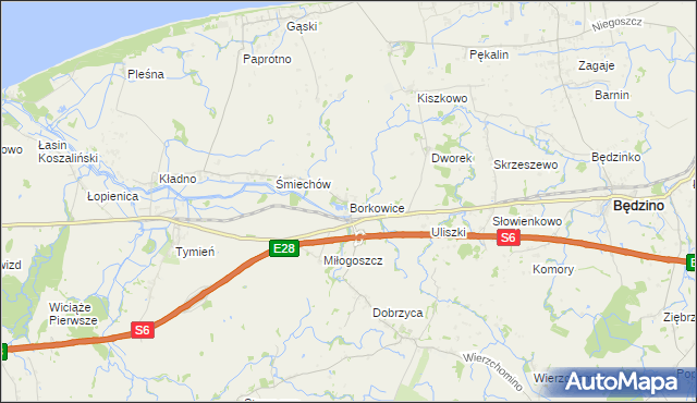 mapa Borkowice gmina Będzino, Borkowice gmina Będzino na mapie Targeo