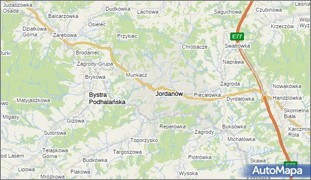 mapa Jordanów powiat suski, Jordanów powiat suski na mapie Targeo