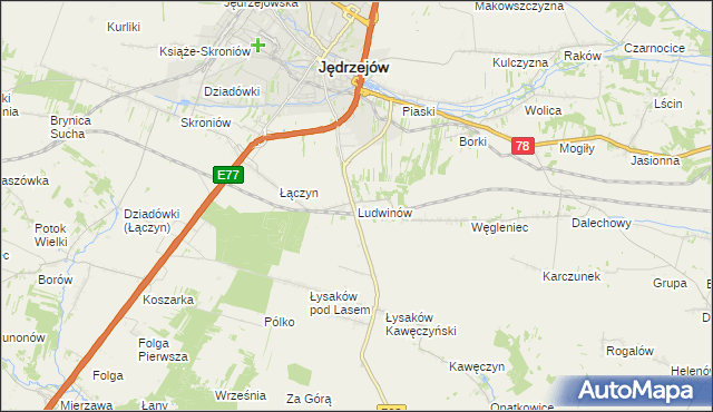 mapa Ludwinów gmina Jędrzejów, Ludwinów gmina Jędrzejów na mapie Targeo