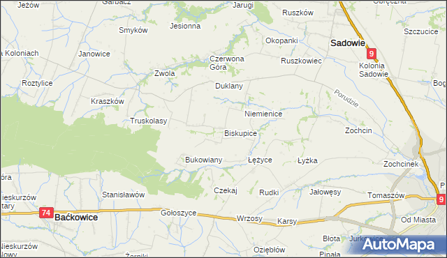 mapa Biskupice gmina Sadowie, Biskupice gmina Sadowie na mapie Targeo