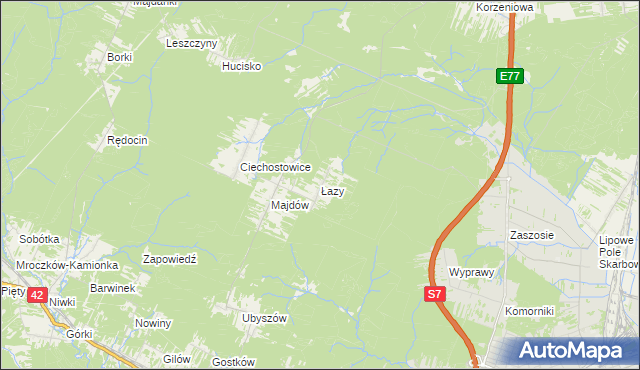 mapa Łazy gmina Szydłowiec, Łazy gmina Szydłowiec na mapie Targeo