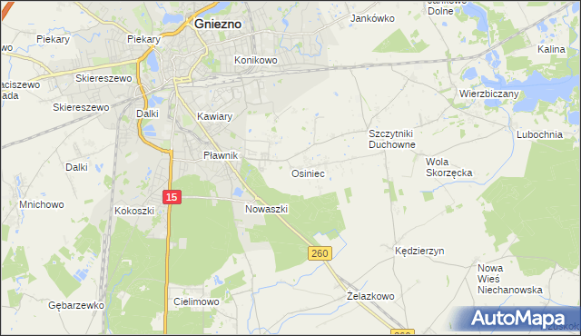 mapa Osiniec gmina Gniezno, Osiniec gmina Gniezno na mapie Targeo