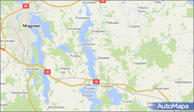 mapa Zawada gmina Mrągowo, Zawada gmina Mrągowo na mapie Targeo