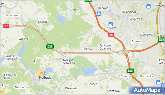 mapa Bąkowo gmina Kolbudy, Bąkowo gmina Kolbudy na mapie Targeo