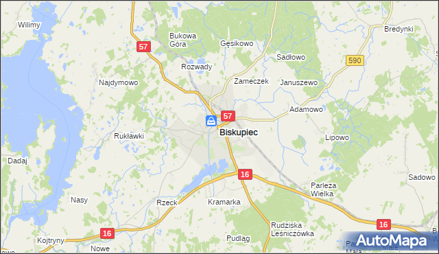 mapa Biskupiec powiat olsztyński, Biskupiec powiat olsztyński na mapie Targeo