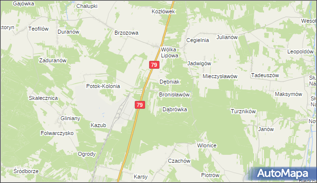 mapa Bronisławów gmina Tarłów, Bronisławów gmina Tarłów na mapie Targeo