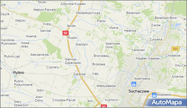 mapa Bronisławy gmina Sochaczew, Bronisławy gmina Sochaczew na mapie Targeo