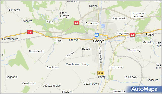 mapa Brzezie gmina Gostyń, Brzezie gmina Gostyń na mapie Targeo