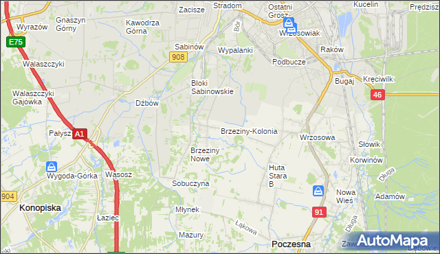 mapa Brzeziny-Kolonia, Brzeziny-Kolonia na mapie Targeo