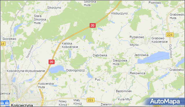 mapa Dąbrówka gmina Kościerzyna, Dąbrówka gmina Kościerzyna na mapie Targeo