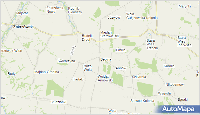 mapa Dębina gmina Zakrzew, Dębina gmina Zakrzew na mapie Targeo