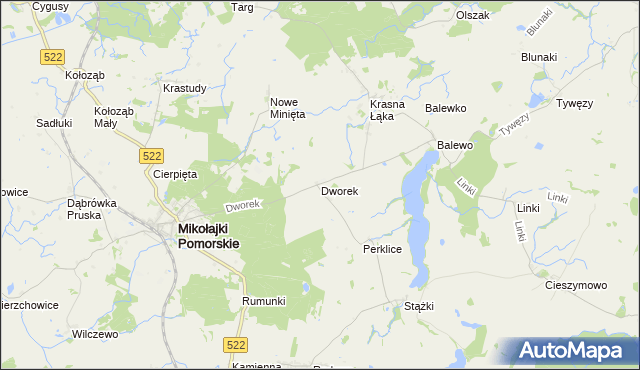 mapa Dworek gmina Mikołajki Pomorskie, Dworek gmina Mikołajki Pomorskie na mapie Targeo