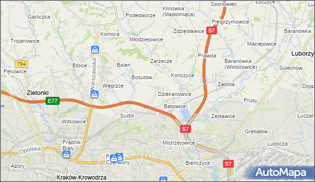 mapa Dziekanowice gmina Zielonki, Dziekanowice gmina Zielonki na mapie Targeo