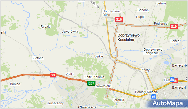 mapa Dzikie gmina Choroszcz, Dzikie gmina Choroszcz na mapie Targeo