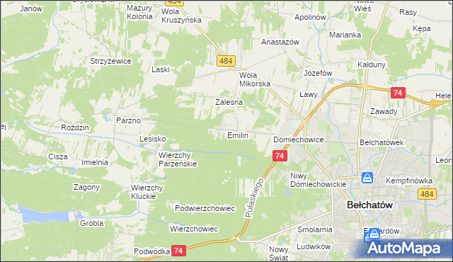 mapa Emilin gmina Bełchatów, Emilin gmina Bełchatów na mapie Targeo